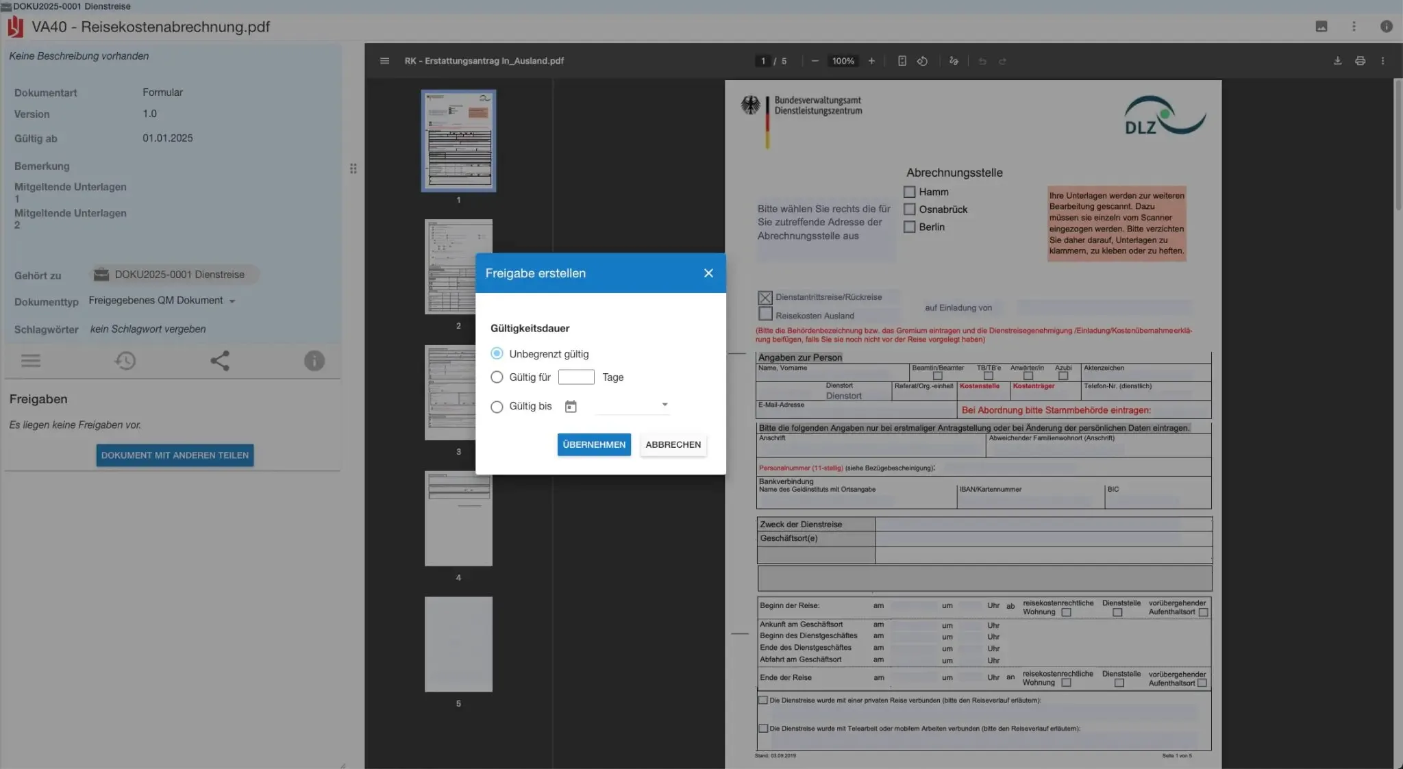 humbee Dokumenten Freigabeeinstellungen für den Link