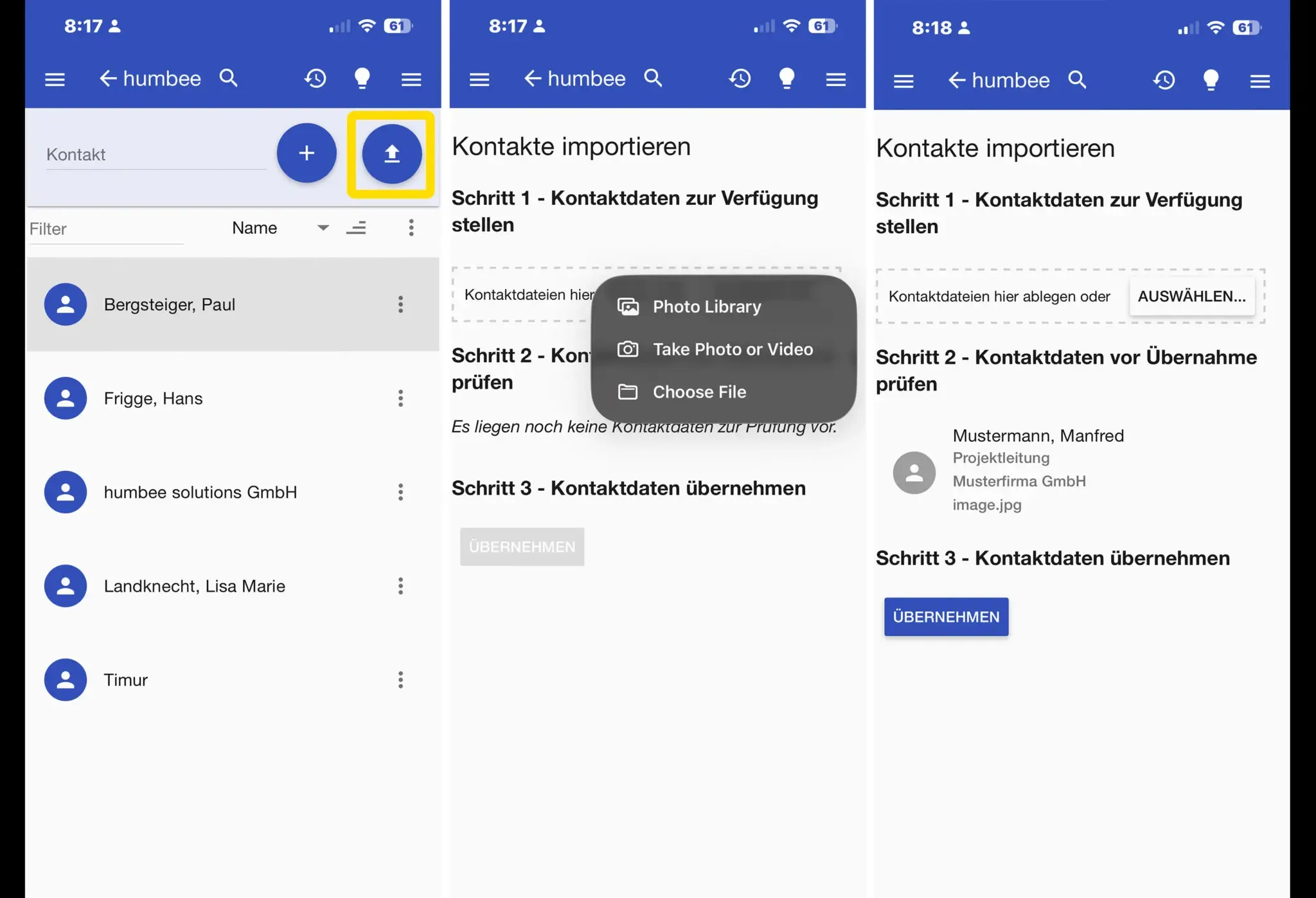 Kontaktanalage mit dem Smartphone durch das abfotografieren einer Visitenkarte