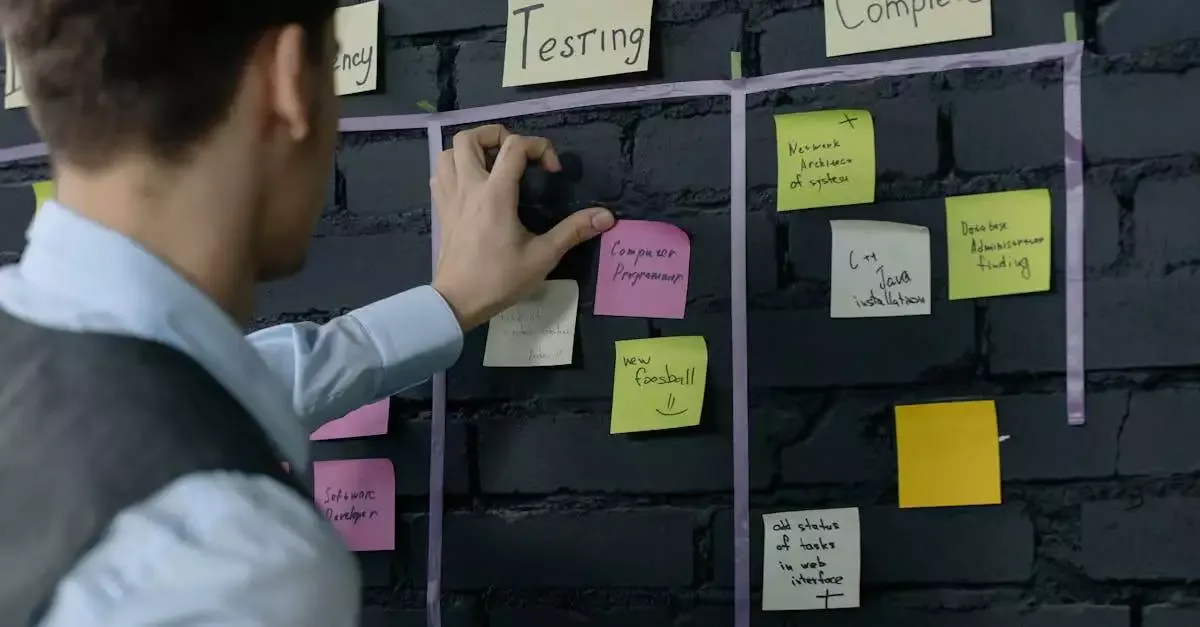 Man organizing project tasks on a wall using sticky notes in a modern office setting. Using Kanban Method